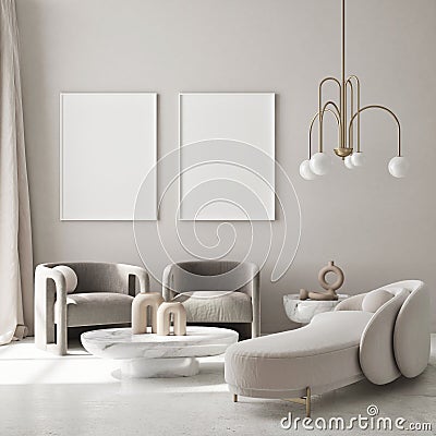 Mock up poster frame in modern interior background living room Art Deco style 3D render Stock Photo