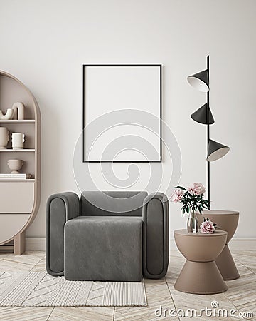 Mock up poster frame in modern interior background living room minimalistic style 3D render Stock Photo