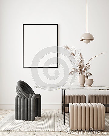 Mock up poster frame in modern interior background living room minimalistic style 3D render Stock Photo