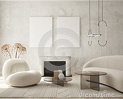 Mock up poster frame in modern interior background living room minimalistic style 3D render Stock Photo