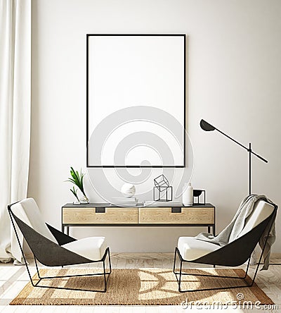 Mock up poster frame in modern interior background, living room, Scandinavian style, 3D render, 3D illustration Cartoon Illustration