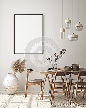 Mock up poster frame in modern interior background, living room, Scandinavian style, 3D render Cartoon Illustration