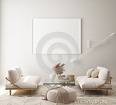 Mock up poster frame in modern interior background, living room, Scandinavian style, 3D render Cartoon Illustration