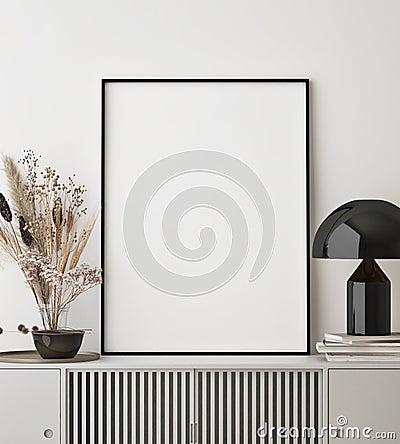 Mock up poster frame in modern interior background, close up, livingroom, Scandinavian style, 3D render Cartoon Illustration