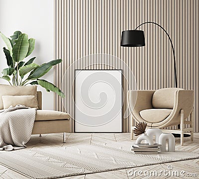 Mock up poster frame in modern interior background living room Scandinavian style 3D render 3D illustration Stock Photo