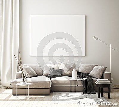 Mock up poster frame in modern interior background, living room, Scandinavian style, 3D render, 3D illustration Cartoon Illustration