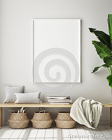 Mock up poster frame in modern interior background, living room, Scandinavian style, 3D render, 3D illustration Cartoon Illustration