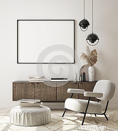 Mock up poster frame in modern interior background, living room, Scandinavian style, 3D render Cartoon Illustration