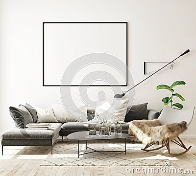 Mock up poster frame in modern interior background, living room, Scandinavian style, 3D render Cartoon Illustration