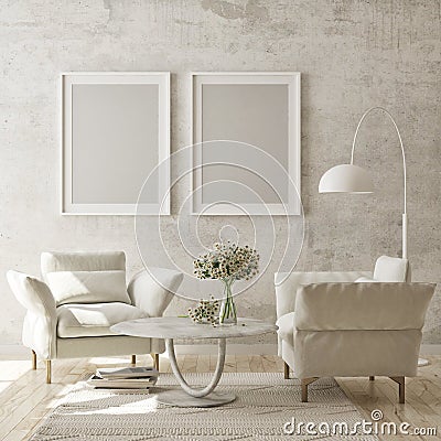 Mock up poster frame in modern interior background, living room, Scandinavian style, 3D render Cartoon Illustration