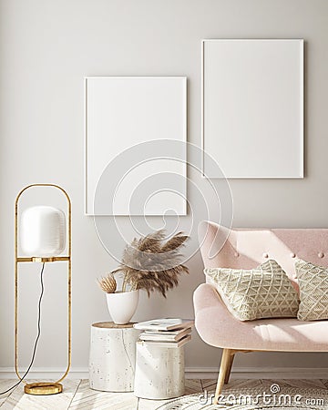 Mock up poster frame in modern interior background, living room, Scandinavian style, 3D render Cartoon Illustration
