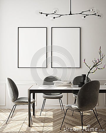 Mock up poster frame in modern interior background, living room, Scandinavian style, 3D render Cartoon Illustration