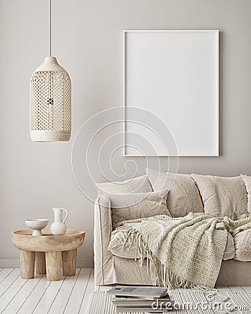 Mock up poster frame in modern interior background, living room, Scandinavian style, 3D render Cartoon Illustration