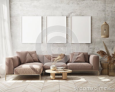 Mock up poster frame in modern interior background, livingroom, Scandinavian style, 3D render Cartoon Illustration