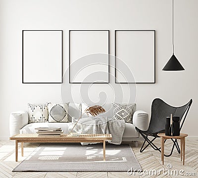 Mock up poster frame in modern interior background, livingroom, Scandinavian style, 3D render Cartoon Illustration