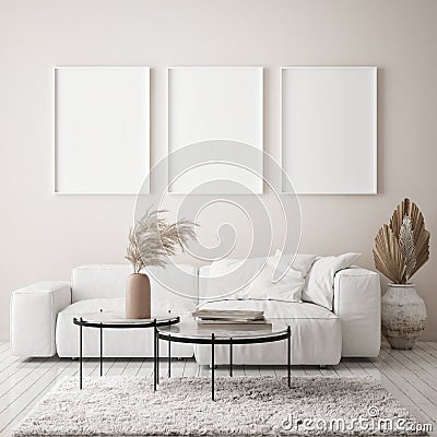 Mock up poster frame in modern interior background, livingroom, Scandinavian style, 3D render Cartoon Illustration