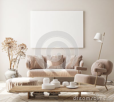 Mock up poster frame in modern interior background, livingroom, Scandinavian style, 3D render Cartoon Illustration
