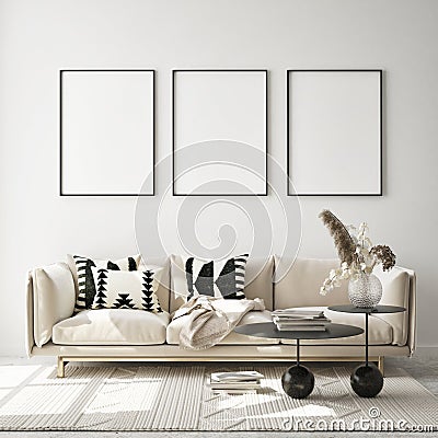 Mock up poster frame in modern interior background, livingroom, Scandinavian style, 3D render Cartoon Illustration