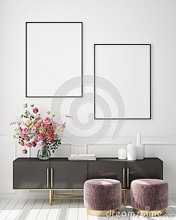 Mock up poster frame in modern interior background, livingroom, Scandinavian style, 3D render Cartoon Illustration