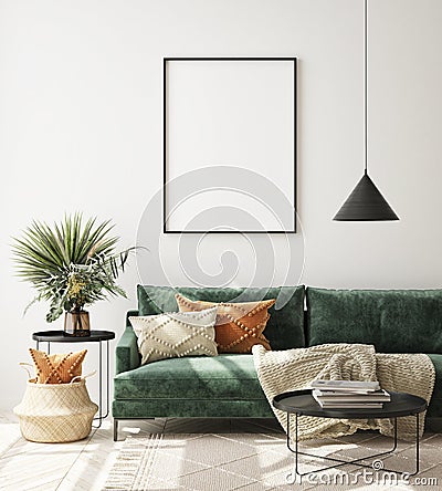 Mock up poster frame in modern interior background, livingroom, Scandinavian style, 3D render Cartoon Illustration