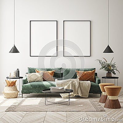 Mock up poster frame in modern interior background, livingroom, Scandinavian style, 3D render Cartoon Illustration