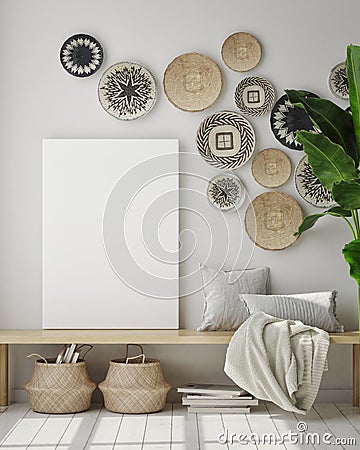 Mock up poster frame in modern interior background with wall baskets, living room, boho style, 3D render Cartoon Illustration