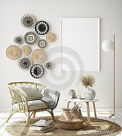 Mock up poster frame in modern interior background with wall baskets, living room, boho style, 3D render Cartoon Illustration