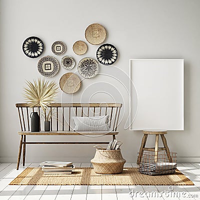 Mock up poster frame in modern interior background with wall baskets, living room, boho style, 3D render Cartoon Illustration
