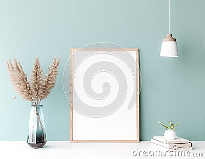 Mock up poster frame in modern interior green background, Scandinavian style Stock Photo