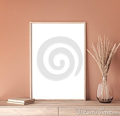 Mock up poster frame in modern interior orange background, Scandinavian style Stock Photo