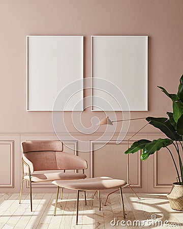 Mock up poster frame in modern monochrome interior background, living room, Scandinavian style, 3D render, 3D illustration Cartoon Illustration