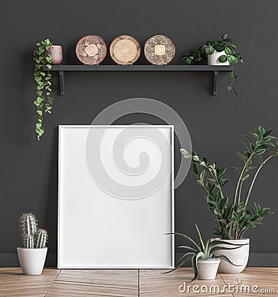 Mock up poster frame near black wall with flowers Stock Photo