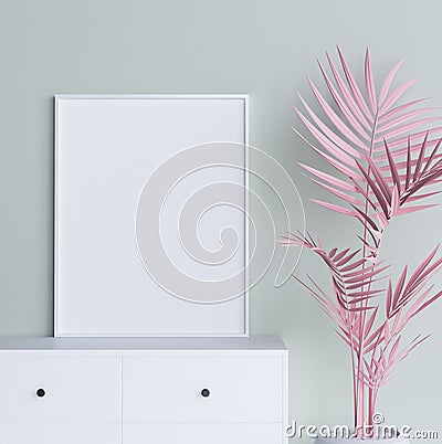 Mock up poster frame with pastel pink plant in interior background Stock Photo