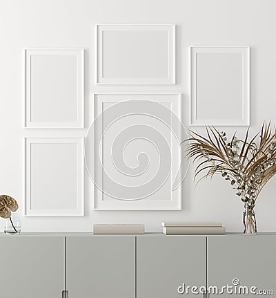 Mock-up poster frame with plants and chest of drawers standing near wall, Scandinavian style Stock Photo