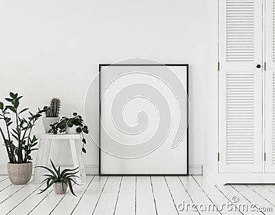 Mock-up poster frame with plants and cupboard standing near wall, Scandinavian style Stock Photo