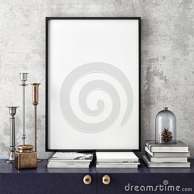 Mock up poster frame with on retro chest of drawers, hipster interior background, Stock Photo