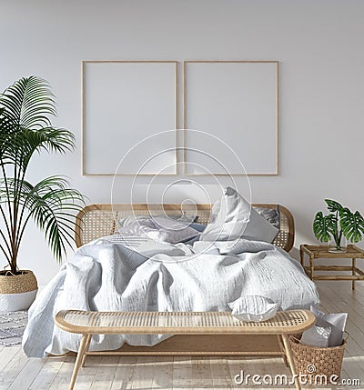 Mock-up poster frame in Scandinavian bedroom, Bohemian style Stock Photo