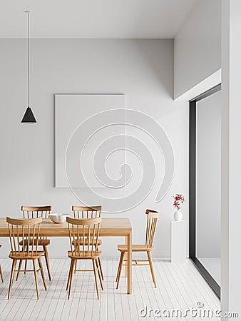Mock up poster frame in Scandinavian style hipster interior. Minimalist modern dining room. 3D illustration Cartoon Illustration