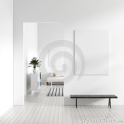 Mock up poster frame in Scandinavian style hipster interior. White modern interior of modern living room. 3D illustration Cartoon Illustration