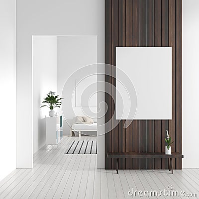 Mock up poster frame in Scandinavian style hipster interior. White modern interior of modern living room. 3D illustration Cartoon Illustration