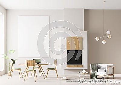 Mock up poster frame in Scandinavian style interior with fireplace and dining table. Minimalist interior design. 3D illustration Cartoon Illustration