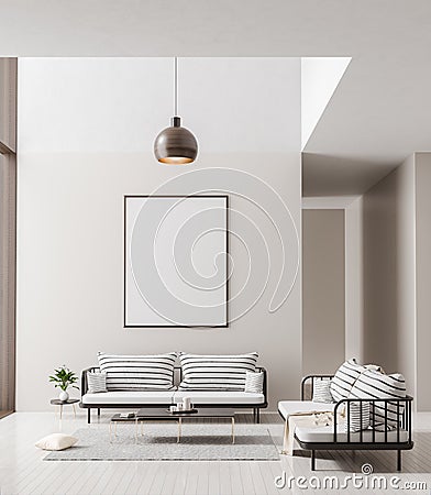 Mock up poster frame in scandinavian style interior. Minimalist modern interior design. 3D illustration Cartoon Illustration