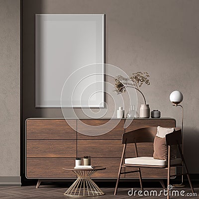 Mock up poster frame in Scandinavian style interior with wooden furnitures. Minimalist interior design. 3D illustration Cartoon Illustration