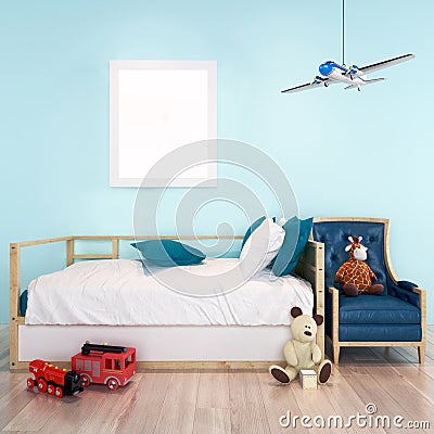 Mock up poster frame in toddler boy room. Cartoon Illustration