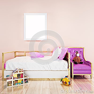 Mock up poster frame in toddler girl`s room. Cartoon Illustration