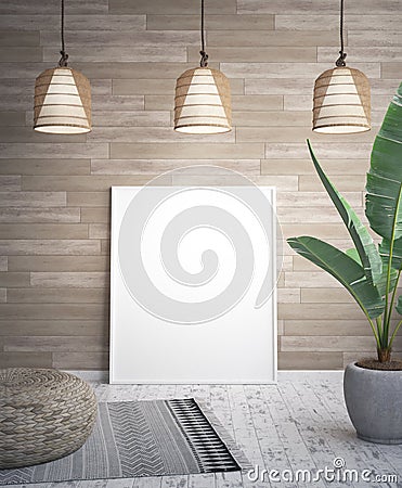 Mock up poster frame in tropical interior background Stock Photo