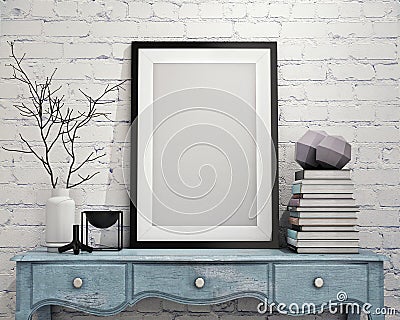 Mock up poster frame on vintage chest of drawers, interior Stock Photo