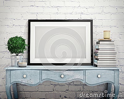 Mock up poster frame on vintage chest of drawers, interior Stock Photo