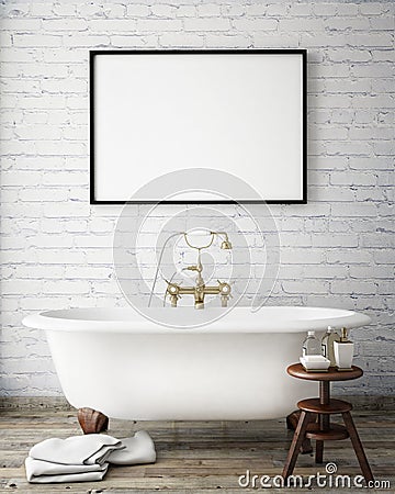 Mock up poster frame in vintage hipster bathroom, interior background, Stock Photo