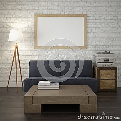 Mock up poster frame on the white brick wall of living room Stock Photo